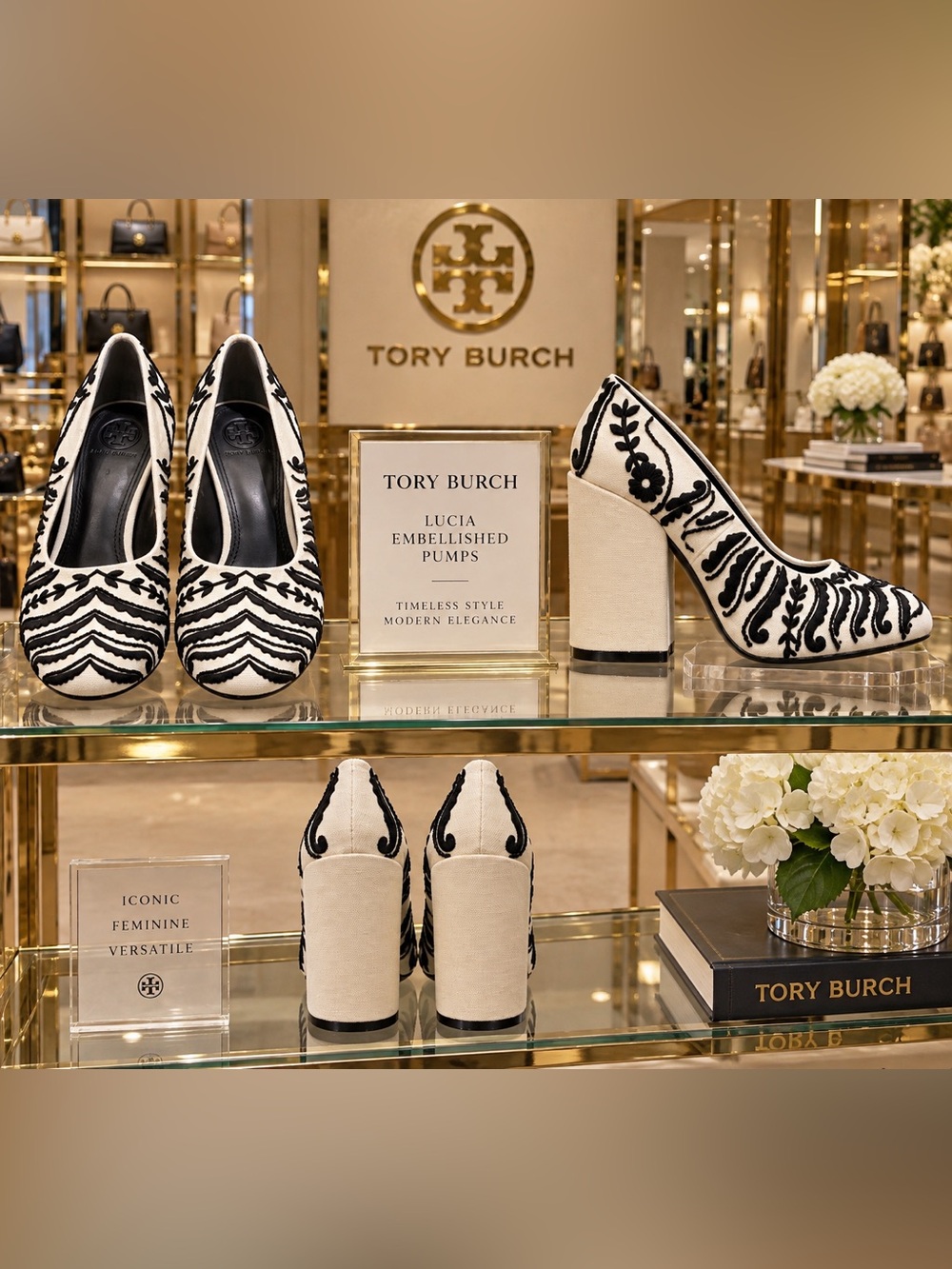 Tory Burch Lucia Black & Cream Embroidered Block Heel Pumps